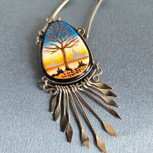 Vintage Southwestern Hand painted Lacquered Tree of Life dangling pendant.